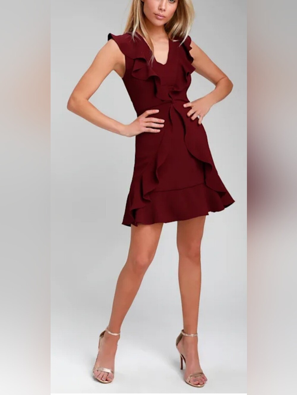 Lulu's Burgundy Ruffle V-Neck Dress